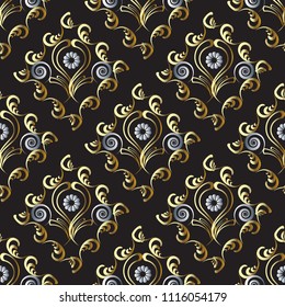 Vintage floral vector seamless pattern. Ornate patterned damask background. Gold silver abstract flowers, swirls, lines, frames, leaves. Ornamental design for wallpapers, fabric, textile, printing