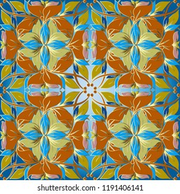 Vintage floral vector seamless pattern. Light blue ornamental flourish background. Elegance flowery ornament with colorful flowers, leaves, swirls. Patterned ornate design for wallpapers, textile