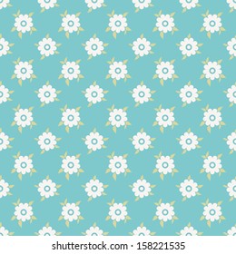 Vintage floral vector seamless pattern (tiling). Retro white, green and blue colors. Endless texture can be used for printing onto fabric and paper or invitation. Flowers with leaves.
