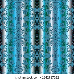 Vintage floral vector seamless pattern. Colorful striped drapery 3d background. Repeat surface leafy backdrop. Antique style blue flowers, leaves, swirls, lines, stripes. Luxury beautiful ornament.