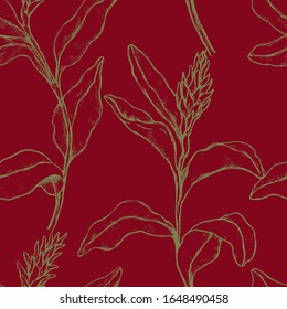 Vectorial floral vintage sin fisuras. Esbozos de flores tropicales de jengibre. Fondo de plantas exóticas dibujadas a mano. Papel tapiz de color botánico brillante para textiles, papel, impresiones, envoltura, tela, tarjeta.