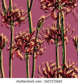 Vintage floral vector seamless pattern. Sketches of Spider lily flowers. Hand drawn exotic plants Lycoris background. Colored botanical wallpaper for textile, paper, prints, wrapping, fabric, card etc svg