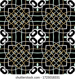 Vintage floral vector seamless pattern. Arabesque ornamental background. Beautiful decorative arabic style backdrop. Colorful lace ornaments. Ornate line art tracery flowers, leaves, lines, swirls.
