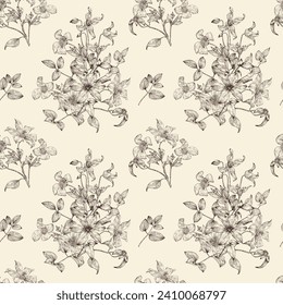 Vintage floral vector seamless pattern flowers of Clematis brown on beige. Hand drawn background. Monochrome. Textiles, paper, wallpaper decoration