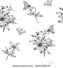 Vintage Floral vector seamless pattern flowers Clematis butterflies, black white. Hand drawn illustration. Background for design wedding, packaging, textile, wrapping paper, wallpaper, Fashion apparel