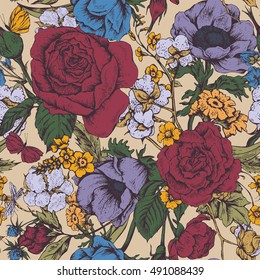 Vintage Floral Vector Seamless Pattern With Roses, Anemones,  And Wildflowers. 