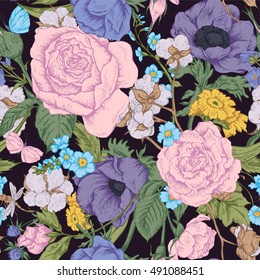 Vintage floral vector seamless pattern with roses, anemones,  and wildflowers. 