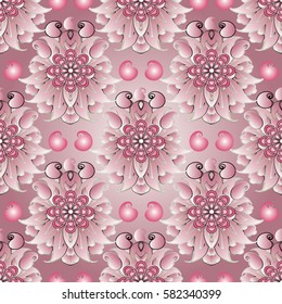 Vintage floral vector seamless pattern background wallpaper illustration with 3d decorative paisley flowers,leaves and antique oriental ornaments. Surface tender light pink texture for fabric, textile
