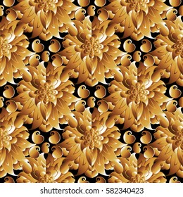 Vintage floral vector seamless pattern. Black background wallpaper illustration with 3d gold decorative paisley flowers,leaves and antique oriental ornaments. Surface texture for fabric, textile.