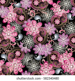 Vintage floral vector seamless pattern. Black background wallpaper illustration with 3d  decorative paisley flowers,leaves and antique swirl ornaments. Luxury texture for fabric, textile.
