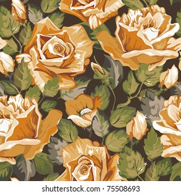 Vintage Floral vector seamless pattern with of yellow roses on dark background, vector illustration