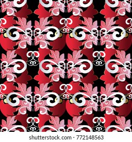 Vintage floral vector seamless pattern. Black red white damask background. Swirl line art tracery ornaments in baroque style. Antique scrolls, flowers, leaves. Design for fabric, prints, wallpapers.