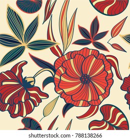 Vintage Floral Vector Seamless Pattern of orange flowers with blue outline on beige background for textiles, wrapping paper and cards.