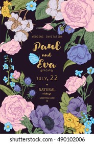 Vintage floral vector wedding invitation with roses, anemones and wildflowers, botanical natural Illustration. Nature frame