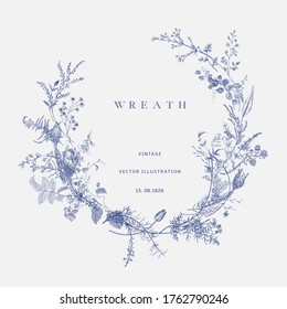 Vintage floral vector wreath. Victorian. Flora. Blue and white
