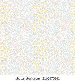 Vintage floral vetor pattern. Seamless background with wildflowers in the meadow. Colorful texture. Blue, pink, yellow and green flowers cute pastel colors.