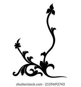 Vintage floral vignette. Stylized branch with leaves. Black and white negative silhouette.