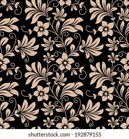 Vintage floral wallpaper seamless pattern with trailing tendrils of little flowers on vertical vines with leaves in beige on black in square format