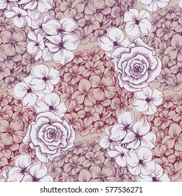 Vintage Blumenhintergrund. Nahtlose Muster mit Hydrangea und Rosen