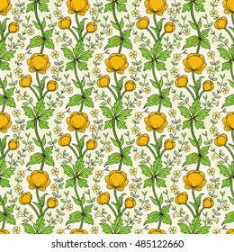 Vintage floral wallpaper with yellow globe-flowers and periwinkle. Vector seamless background