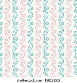 Vintage floral wave vector seamless pattern (tiling). Retro white, pink and blue colors. Endless texture can be used for printing onto fabric and paper or invitation. Curls and dots.