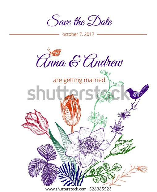 Vintage floral wedding\
invitation. Birds and summer garden flowers including roses,\
tulips, irises etc. Botanical vector illustration in retro graphic\
style.