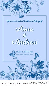 Vintage floral wedding invitation with calligraphy text. Birds, bugs and summer garden flowers.
