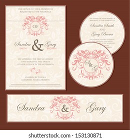 Vintage floral wedding invitation cards. Vector illustration