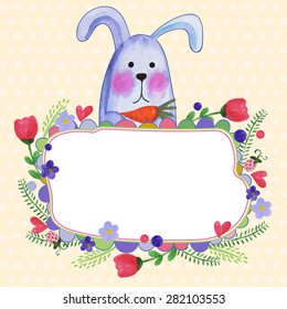 Vintage floral wedding invitation with cute rabbits. Sweet vector card in watercolor technique. Ideal for any kind of invitation to the cute cartoon style.