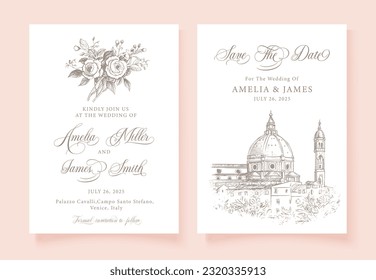 Vintage Floral Wedding Invitation, Save The Date , antique wedding. Italy Venice