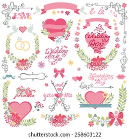 Vintage floral wedding set for invitations card,greeting,RSVP, love design template.Floral wreath,bouquet,ribbon and heart, swirls corner, headline.Cute wedding Vector decor.