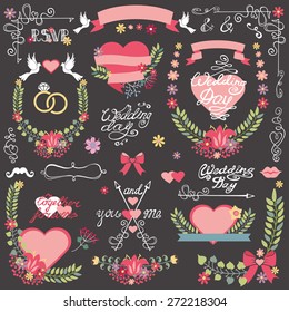 Vintage floral wedding set for invitations card,greeting,RSVP, love designers toolkit template.Flowers wreath,bouquet,ribbon and heart, swirls corner, headline.Cute wedding Vector decor.