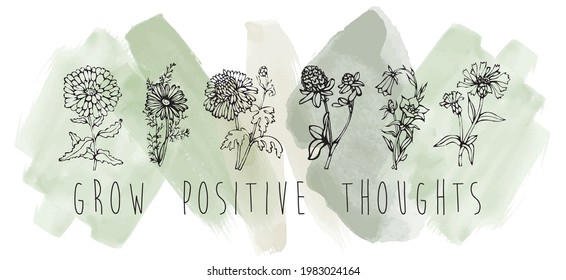 Vintage floral wild flowers illustration print with watercolor background and motivational slogan for tee t shirt - Vector