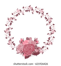 Vintage floral wreath with simple wildflowers and roses. Template for greeting cards, invitations, weddings, Valentine's Day, birthdays. Vector illustration drawn by hand. Isolated on white background
