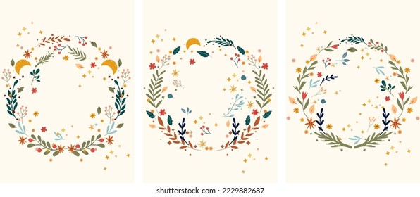 Vintage floral wreaths with colorful flowers, leaves, moon and stars around. Bright floral frame Perfect for greeting cards, poster, postcard, banner. Vector illustration.