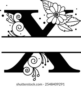 Vintage Floral "X" Initial, Black and White Botanical Alphabet Monogram, Custom Family Sign