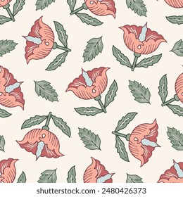 Vintage florals vector seamless pattern background. Scattered flowers and leaves backdrop. Stylized roses or tulips. Hand-drawn pink and green botanicals for wedding, garden merch, blog, summer