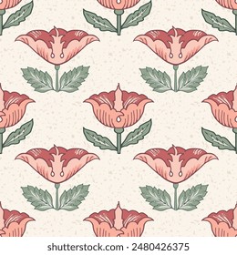 Vintage florals vector seamless pattern background. Indian florals style stylized roses tulips. Hand-drawn pink and green botanicals for wedding, garden merch, blog, summer