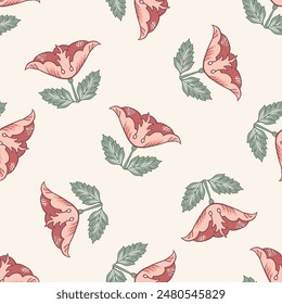 Vintage florals vector seamless pattern background. Scattered flowers and leaves backdrop. Stylized roses or tulips. Hand-drawn pink and green botanicals for wedding, garden merch, blog, summer