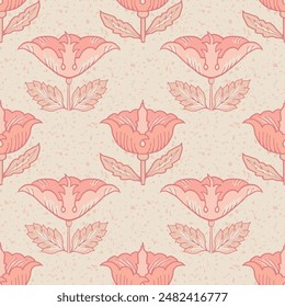 Vintage florals vector seamless pattern background. Pink florals style stylized roses tulips. Hand-drawn cream pink botanicals for wedding, garden merch, blog, summer. Geometric repeat