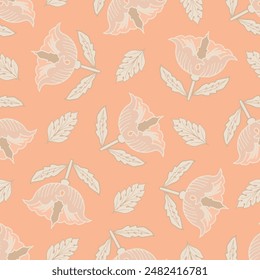 Vintage florals vector seamless pattern background. Scattered flowers and leaves backdrop. Stylized roses or tulips. Hand-drawn pink peach color botanicals for wedding, garden merch, blog, summer