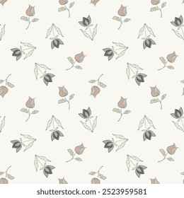 Vintage florals vector seamless pattern background. Stylized wildflowers scattered backdrop. Neutral hand-drawn painterly ecru beige botanicals for packaging decor,baby, leaflets summer