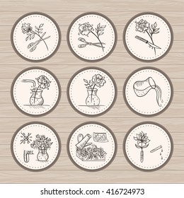 Vintage Floristic Vector Icons | floral design signs in sketch style on wood background