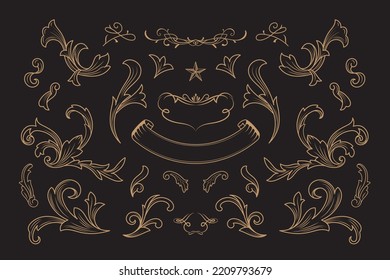 Vintage flourish baroque ornaments frame swirls and scrolls decorations retro design vector