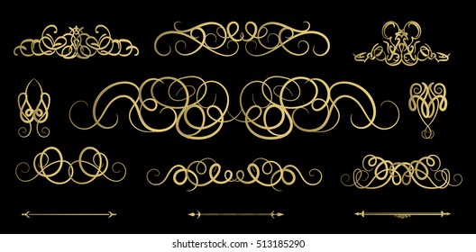 Vintage flourish decor elements and wicker lines in vector. Decoration of logos, page, wedding album or restaurant menu. Set Calligraphic design elements