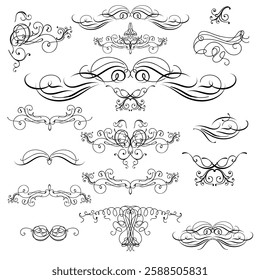 Vintage flourish ornaments set, line style calligraphic collection. Filigree calligraphic ornamental curls. Decorative retro design elements for menu, certificate diploma, wedding invitation card
