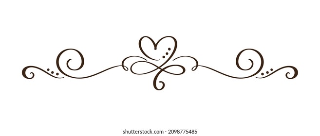 Vintage Flourish Vector divider Valentines Day Hand Drawn Black Calligraphic Heart. Calligraphy Holiday illustration. Design valentine element. Icon love decor for web, wedding.