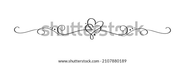 Vintage Flourish Vector divider Valentines Day\
Hand Drawn Black Calligraphic two Hearts. Calligraphy Holiday\
illustration. Design valentine element. Icon love decor for web,\
wedding.