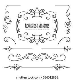 Vintage flourishes, dividers and vignettes, page decoration template, set of calligraphic decorative design elements in retro style, vector scroll embellishment on white