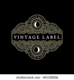 Vintage flourishes luxury elegant ornament label template with sun in trendy linear style. Vector illustration.